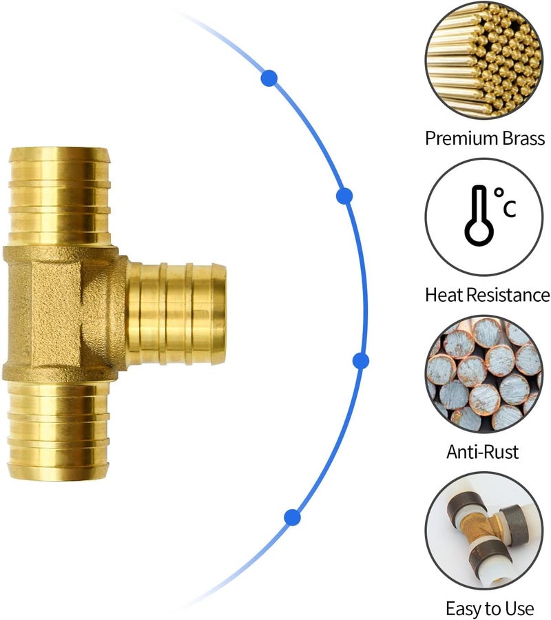 Ruby Q 10 Pack 3/4" PEX Fittings, Brass Tee Fittings, for PEX Tubing Pipe - Image 2